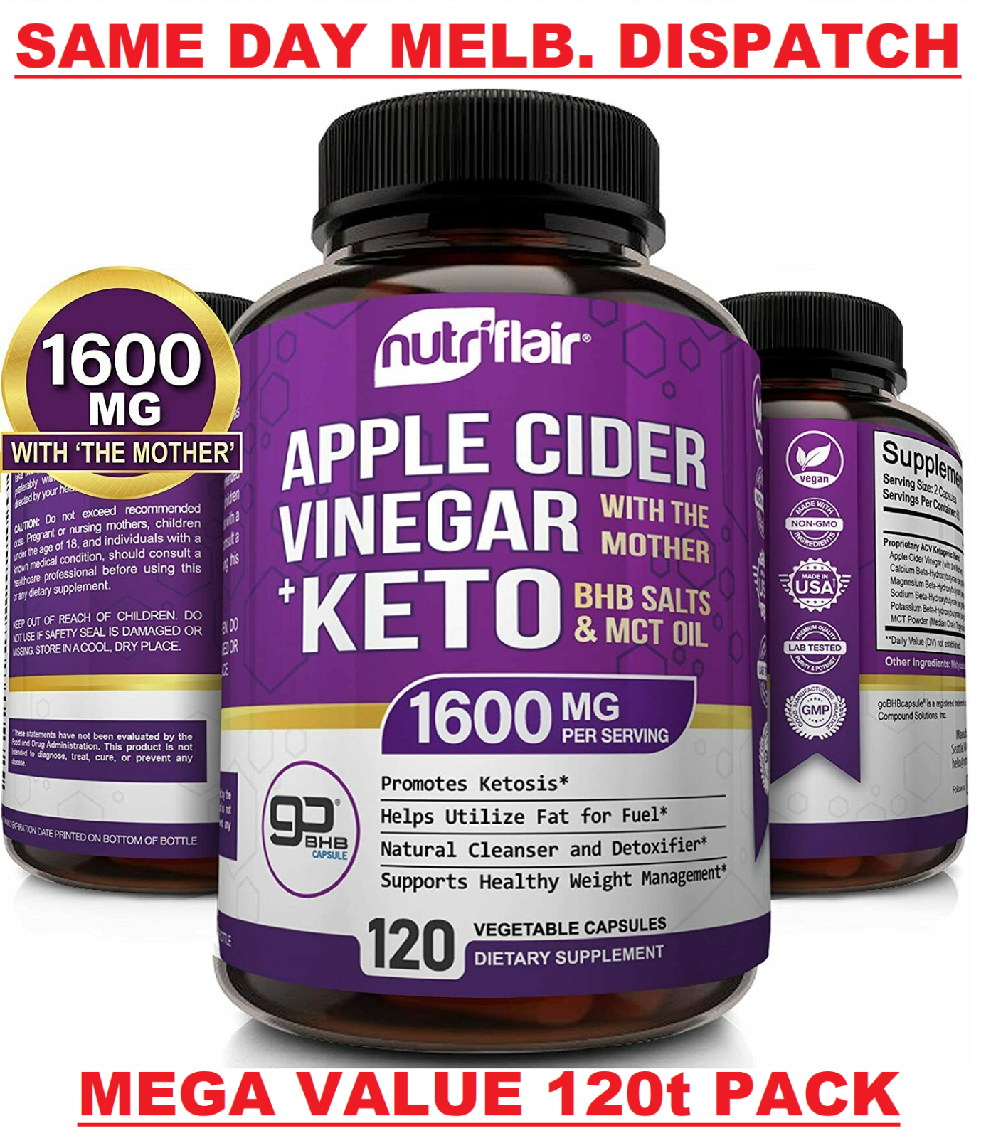 NutriFlair Apple Cider Vinegar + KETO BHB Diet Pills 120c ADVANCED WEIGHT LOSS