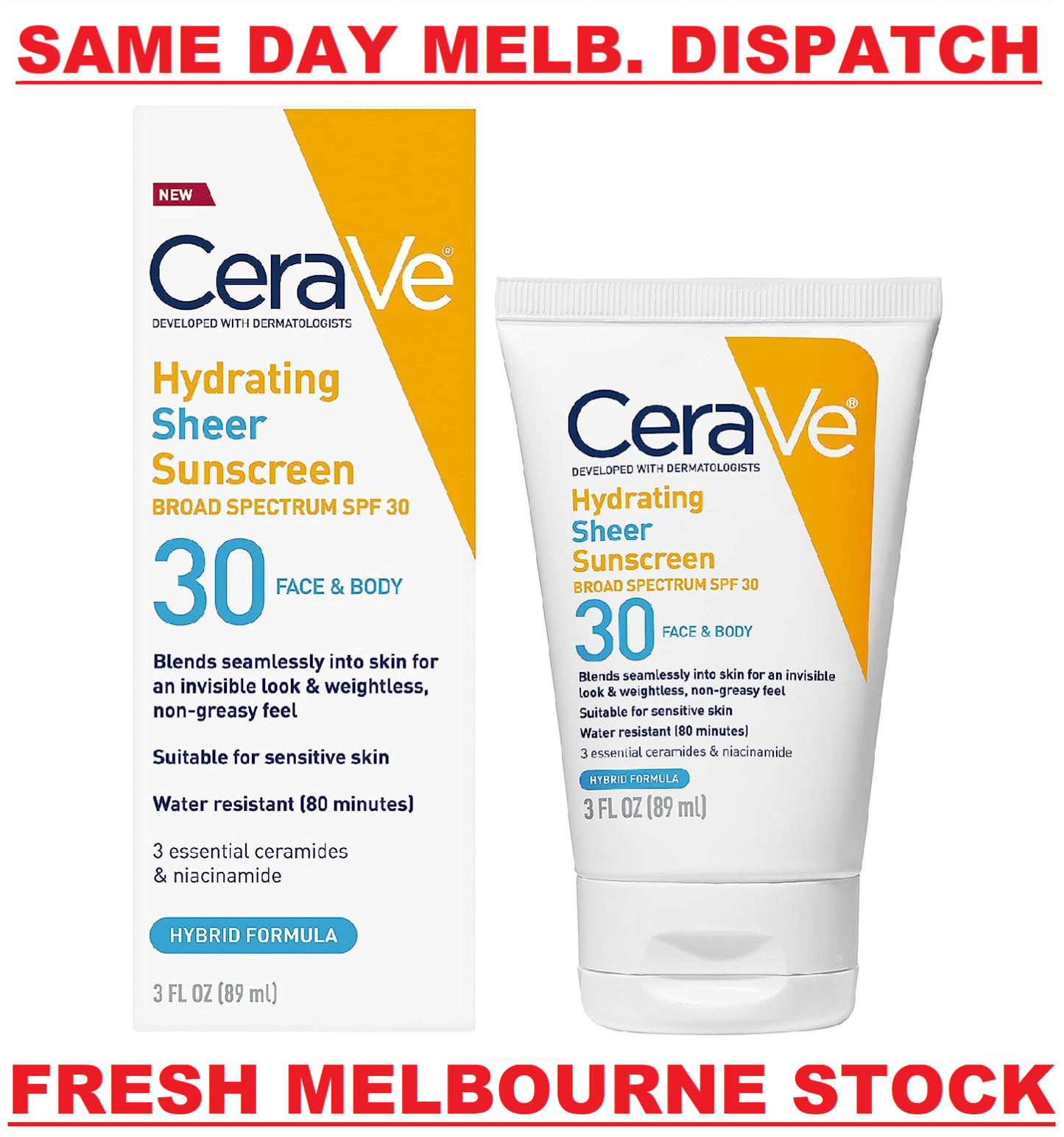 CeraVe Hydrating Sheer Sunscreen for Face & Body SPF30 with Niacinamide 89mL NEW