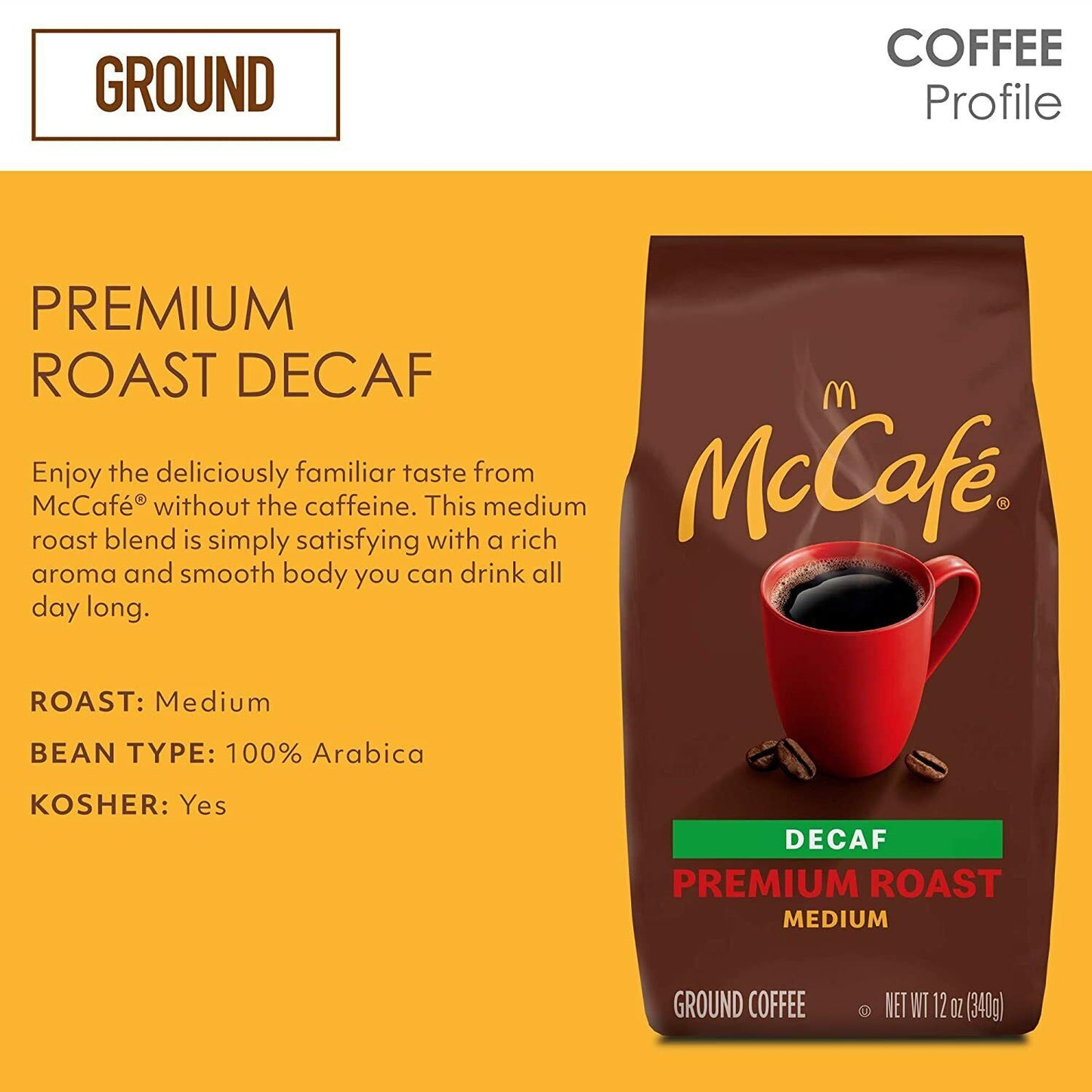 McCafe DECAF Premium Roast Medium Ground Coffee - 100% Arabica Beans Kosher 340g