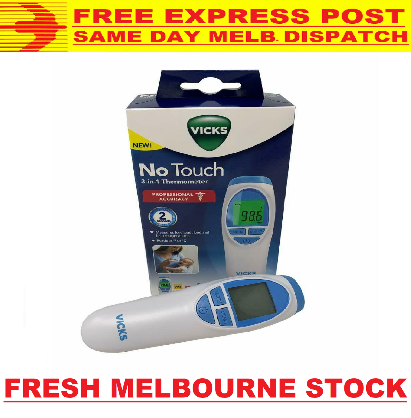 Vicks No-Touch 2 Second Readings Forehead Food & Bath 3 in 1 Thermometer Celsius