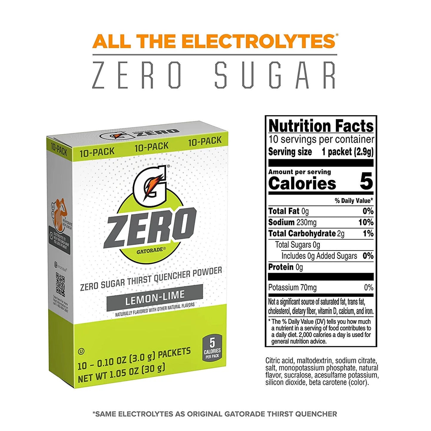 Gatorade Zero Sports Drink Powder-Sugar Free-Fruit Punch, Grape, Lemon Lime-30pk