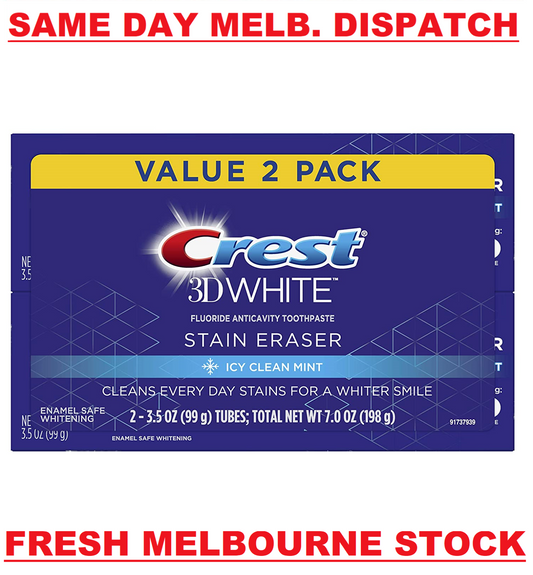 Crest 2x99g Pack 3D White Stain Eraser Teeth Whitening Toothpaste Icy Clean Mint