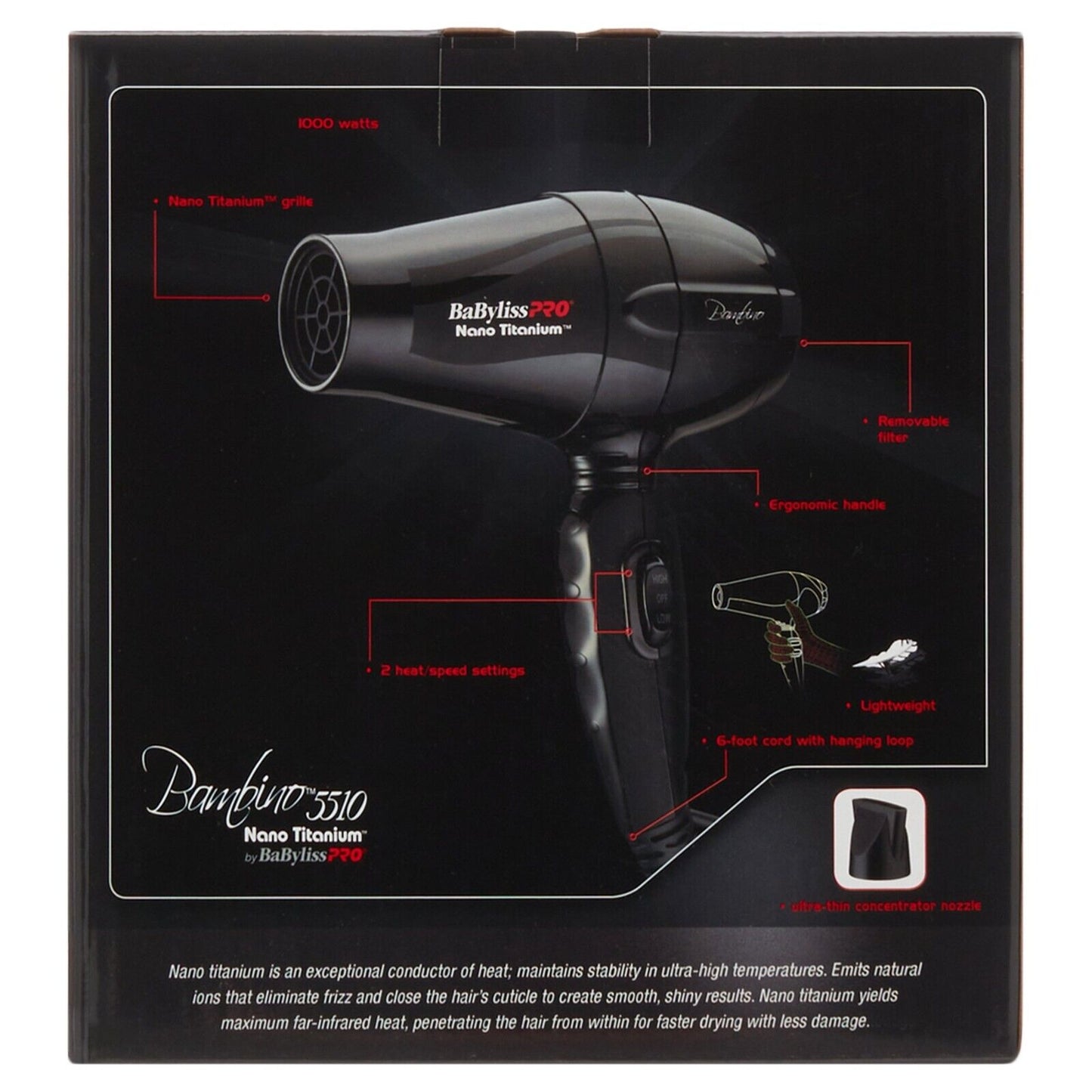 BaBylissPRO Bambino 5510 Nano Titanium Hair Dryer 1000w Travel Size Dual Voltage