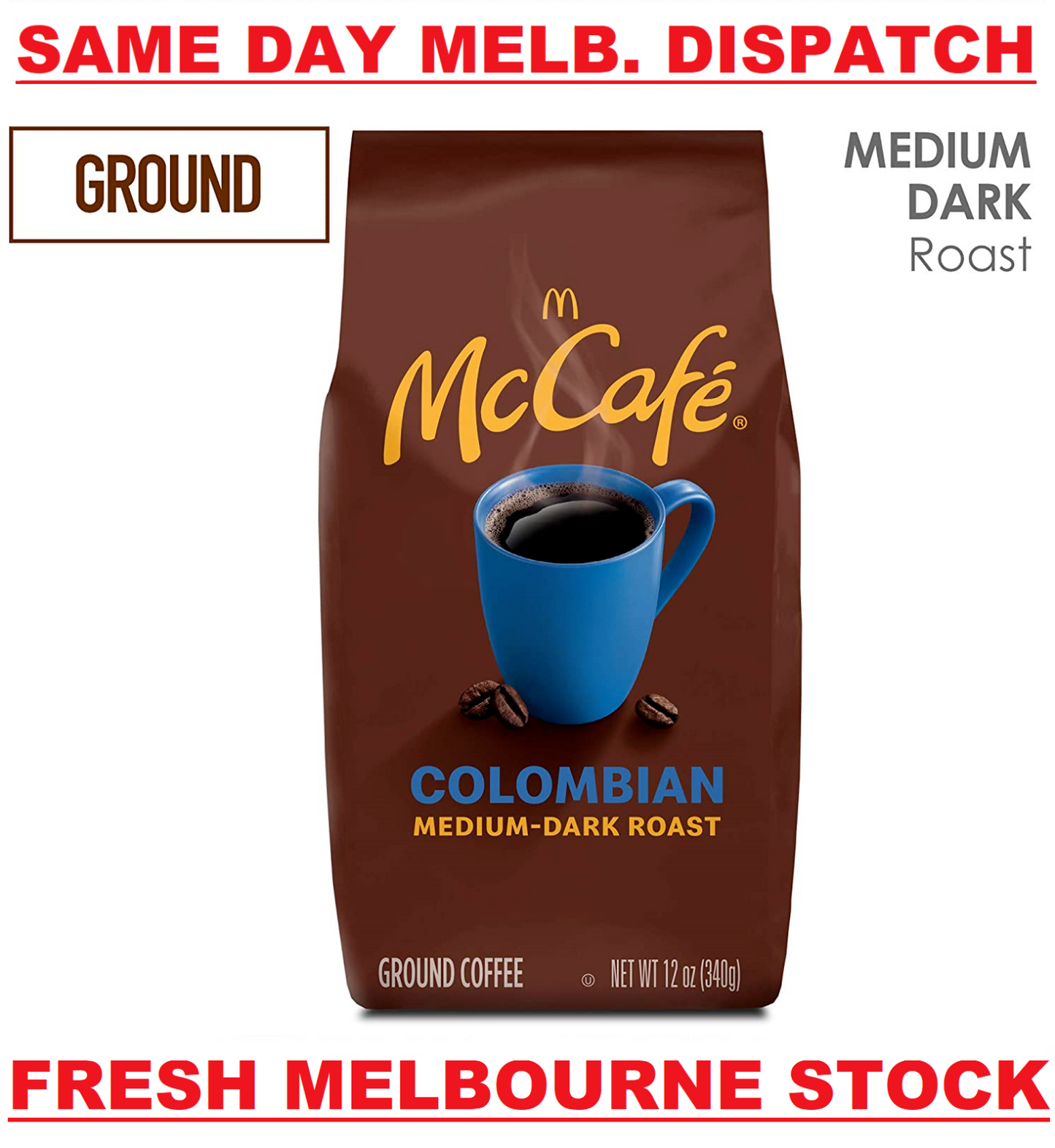 McCafe Colombian Medium Dark Roast Ground Coffee 100% Arabica Beans Kosher 340g