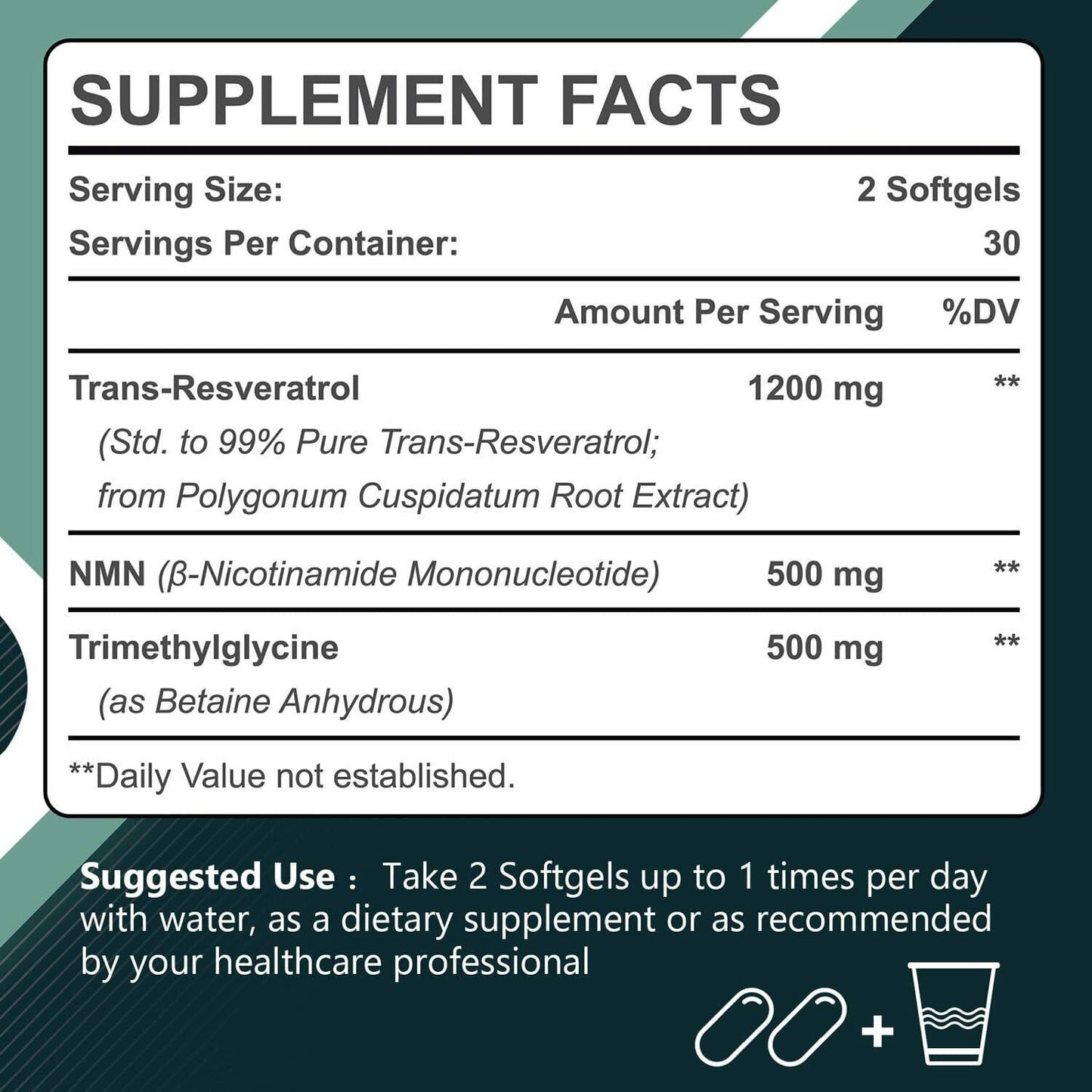 NMN + RESVERATROL + TMG 2200mg 60 Softgel POWERFUL NAD+ BOOSTER ANTI-AGING COMBO