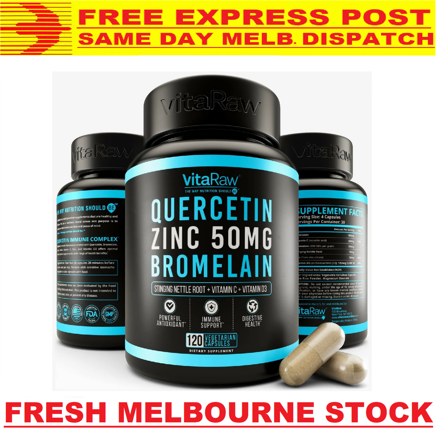 VitaRaw Quercetin Zinc Bromelain POWERFUL IMMUNE SUPPORT 120 Caps - FREE EXPRESS
