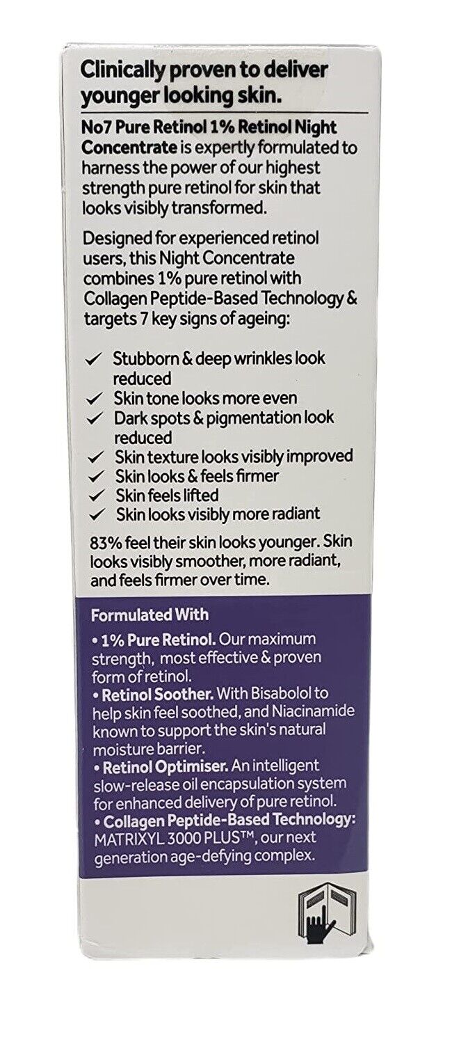 Boots No7 Laboratories PURE RETINOL 1% Night Concentrate Anti Aging 30mL - NEW