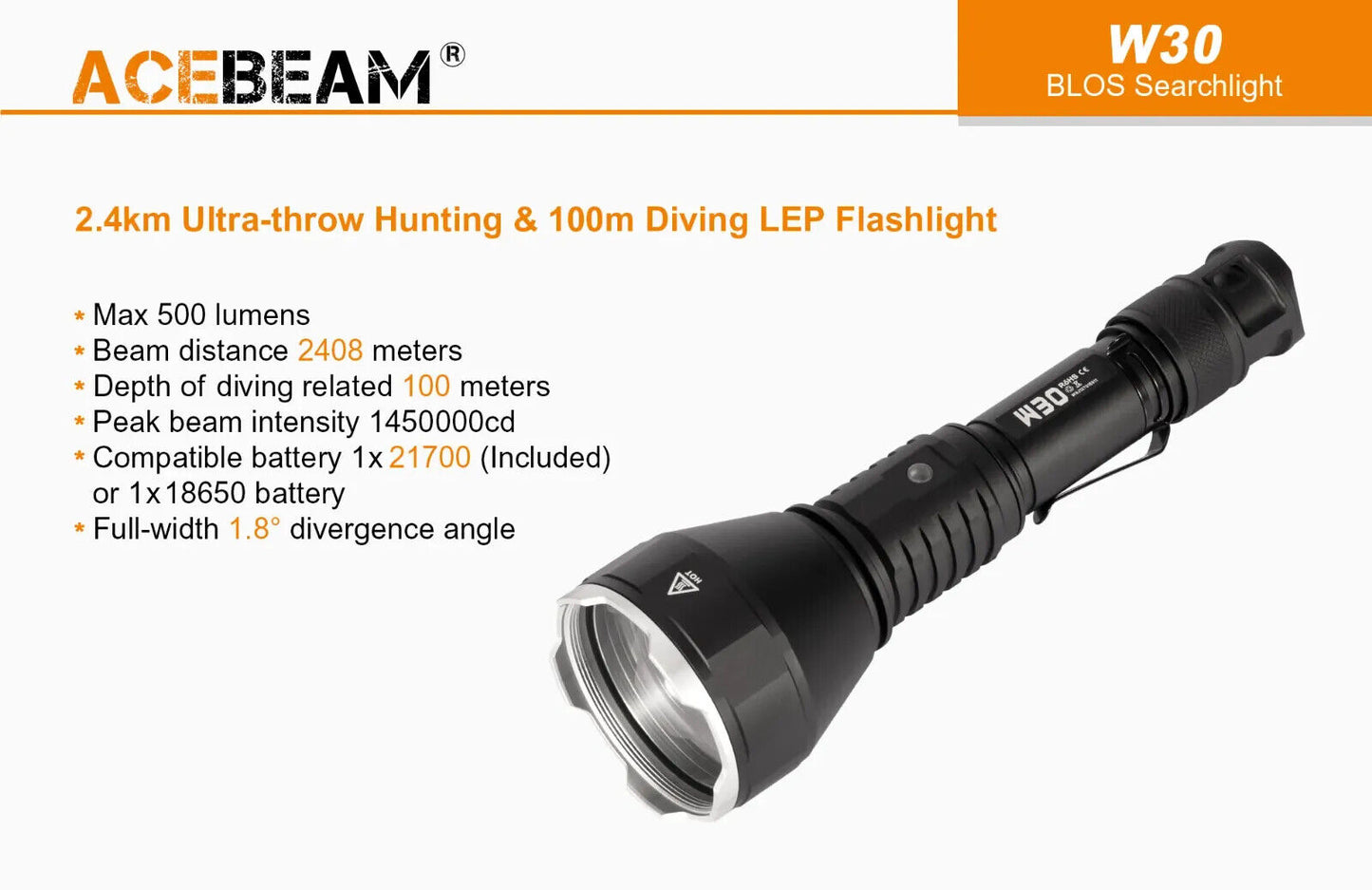 AceBeam W30 2.4km Ultra-Throw Distance White Laser LEP Torch Flashlight 6500K