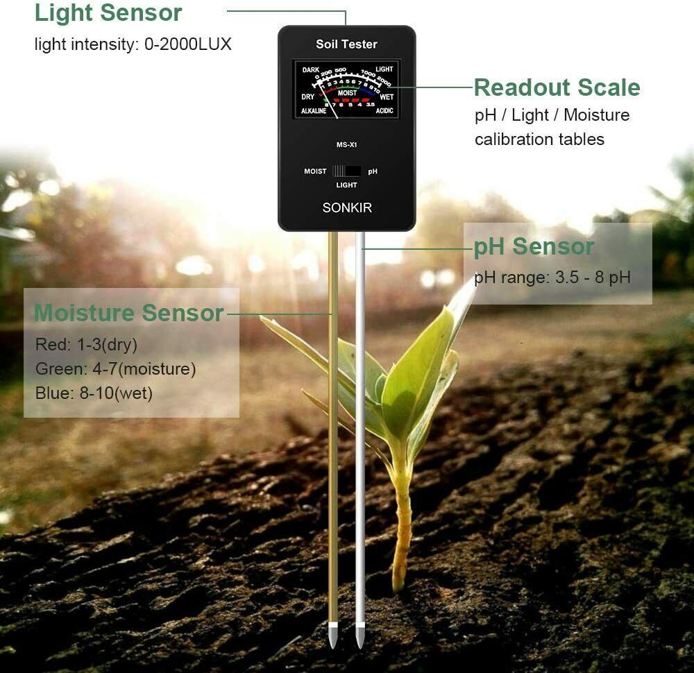 Sonkir Soil pH Meter, MS-X1 Upgraded 3-in-1 Soil Moisture/Light/pH Tester Garden