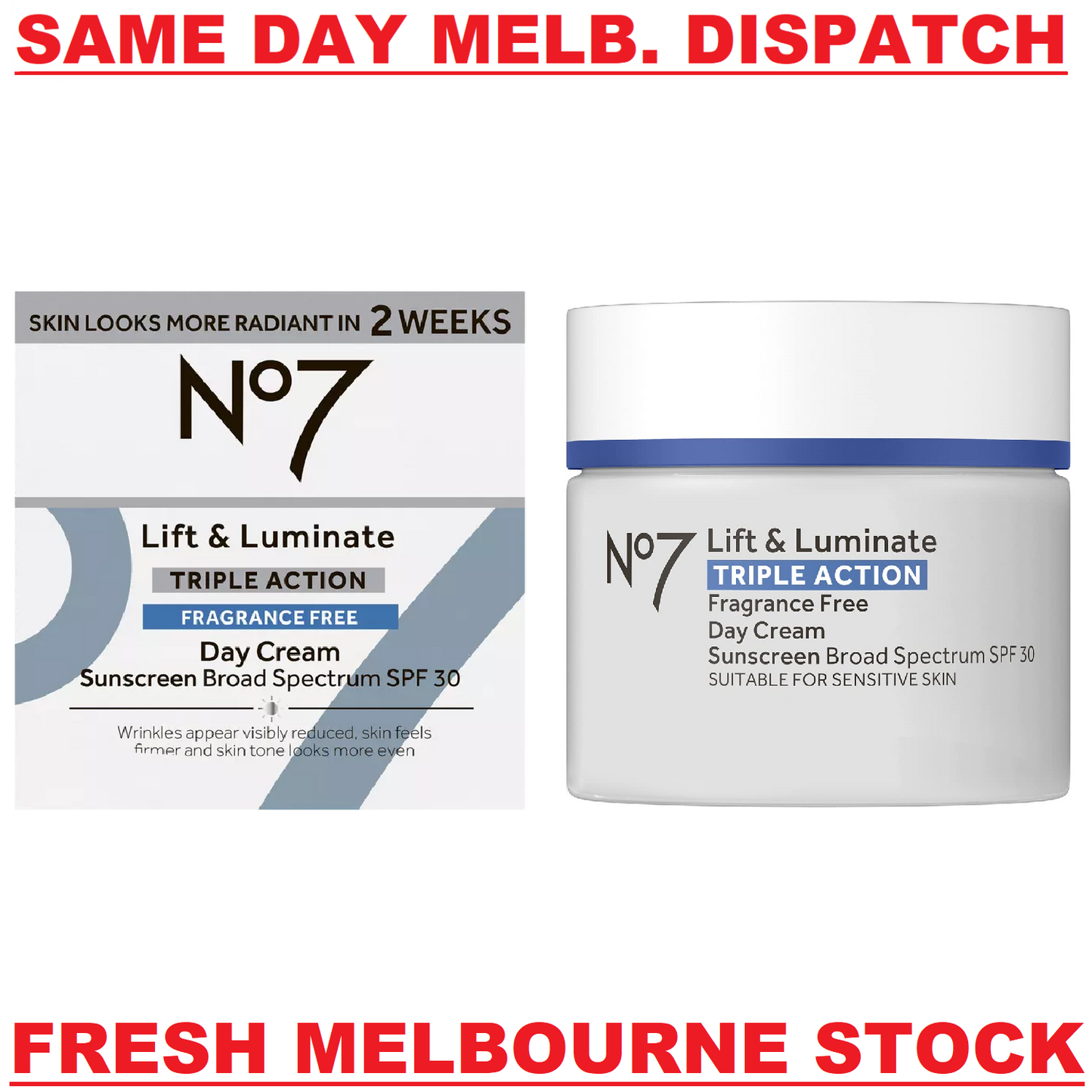 No7 LIFT & LUMINATE Triple Action DAY CREAM Sunscreen SPF 30 FRAGRANCE FREE 50mL