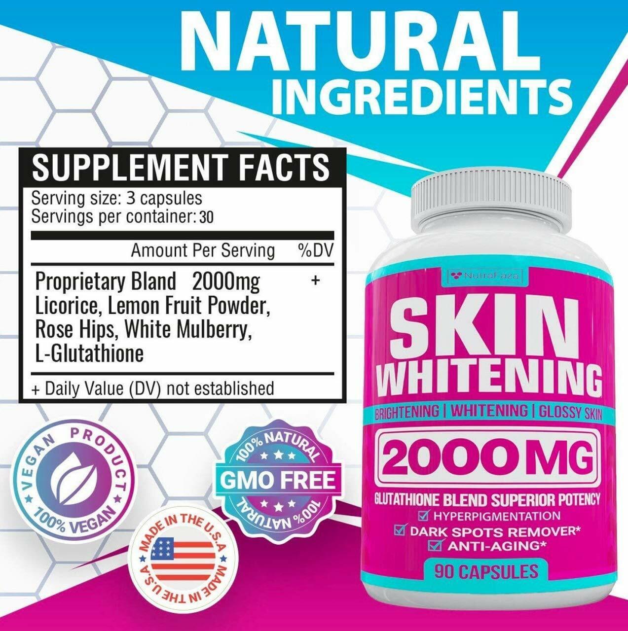 NUTRAFAZA SKIN WHITENING PILLS 2000mg Glutathione Brightening Lightening 90 Caps