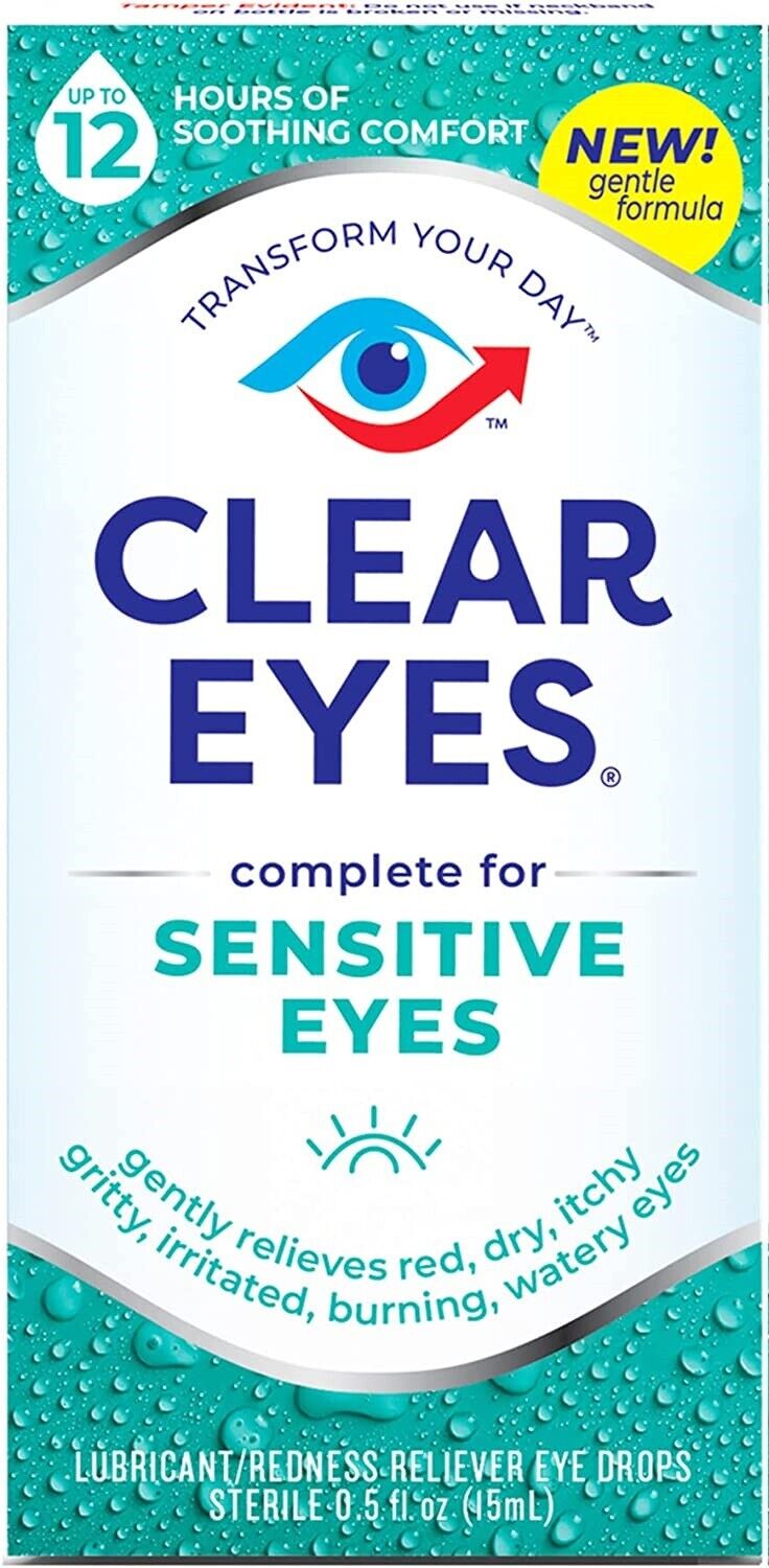 Clear Eyes Lubricant Sensitive Eye Drops - Gentle Relief Redness Dry Itchy 15mL