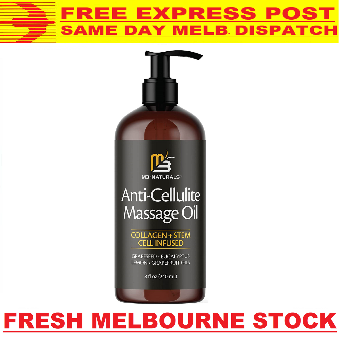 M3 NATURALS ANTI CELLULITE MASSAGE OIL Collagen + Stem Cells 240mL FREE EXPRESS