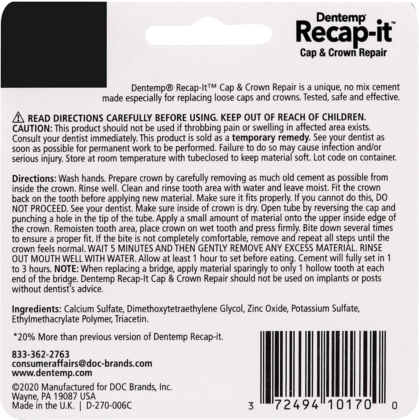 DENTEMP TEMPARIN RECAP-IT CAP & CROWN DENTAL REPAIR CEMENT 10+ REPAIRS + EXPRESS
