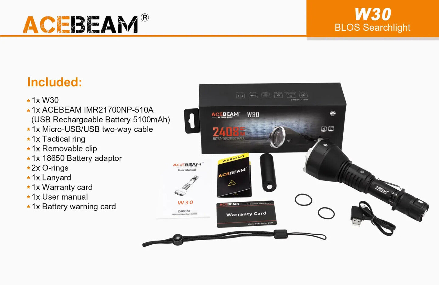 AceBeam W30 2.4km Ultra-Throw Distance White Laser LEP Torch Flashlight 6500K