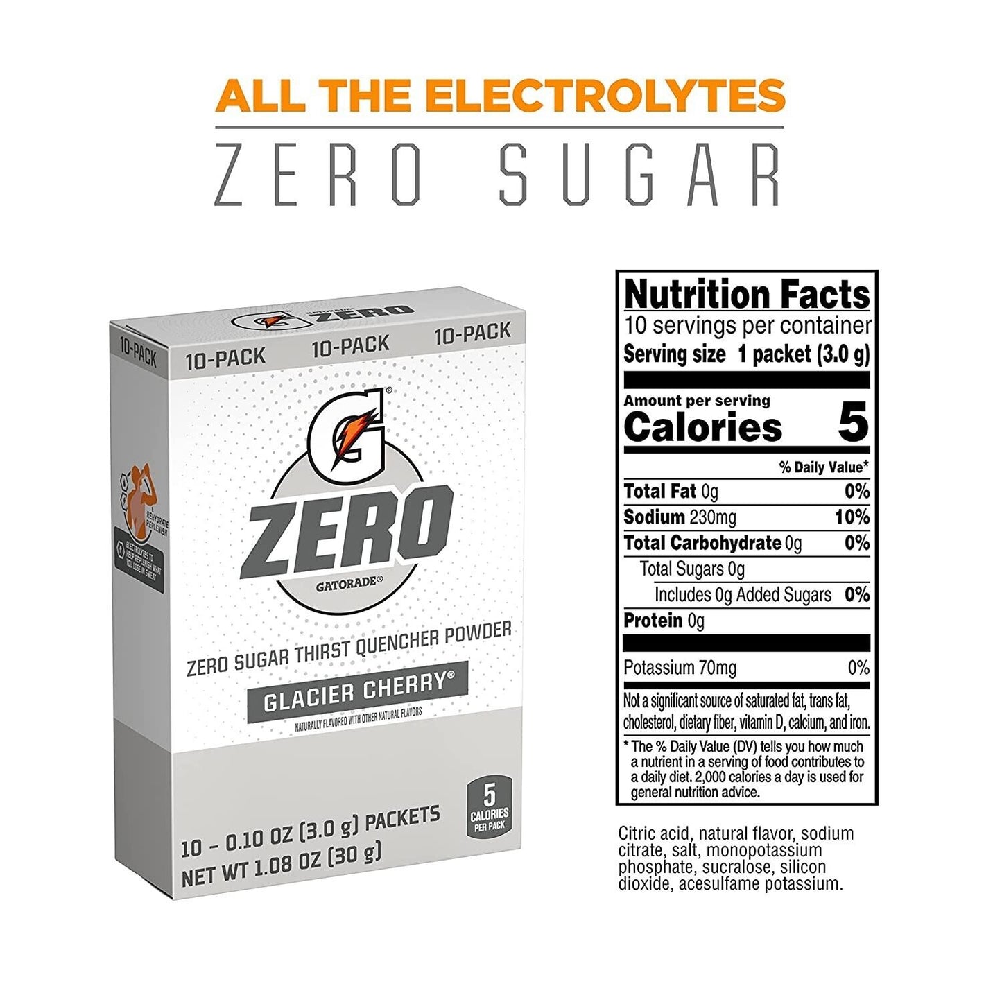 Gatorade Zero Sports Drink Powder- Sugar Free- Cherry,Glacier Freeze,Orange-30pk