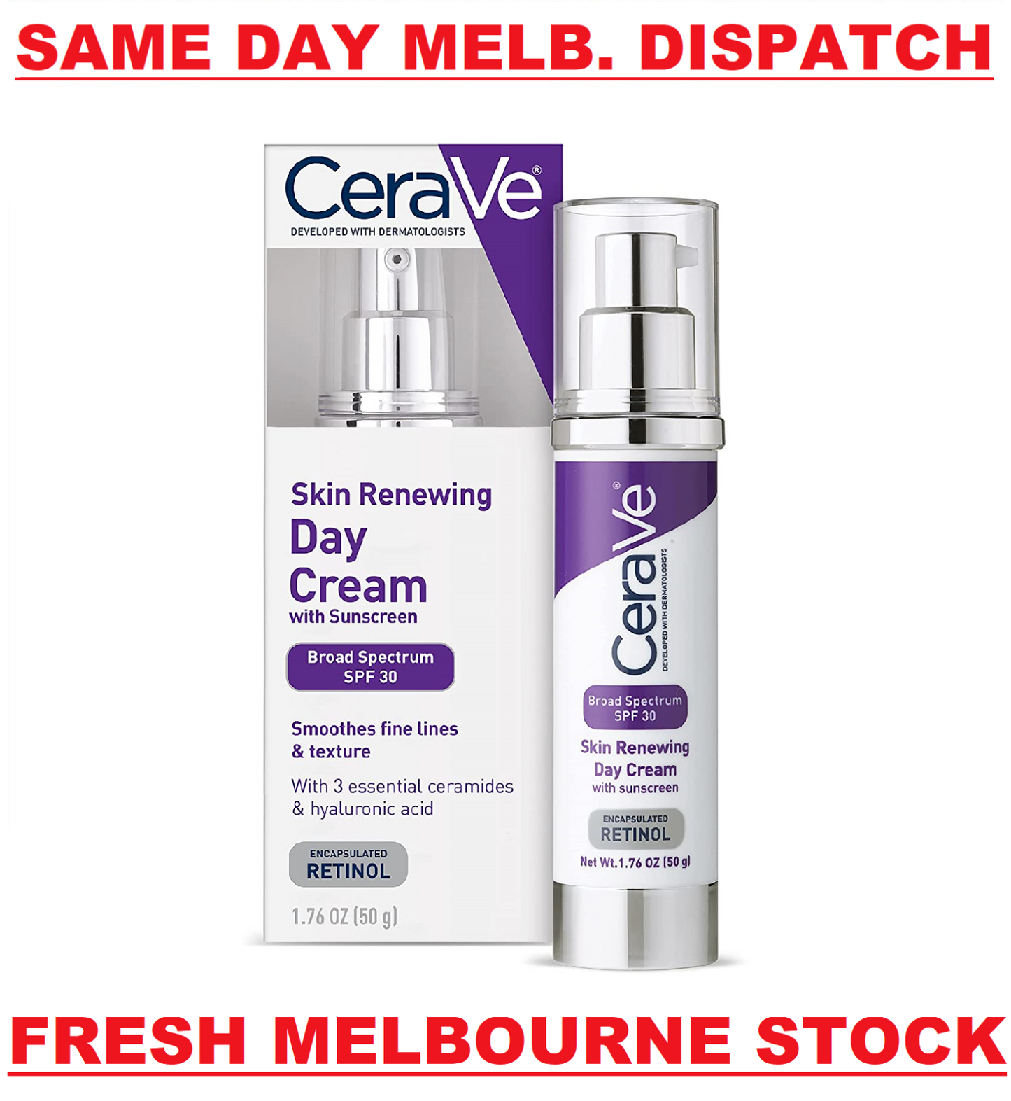 CERAVE SKIN RENEWING DAY CREAM ANTI AGING with RETINOL + SUNSCREEN SPF30 50g NEW