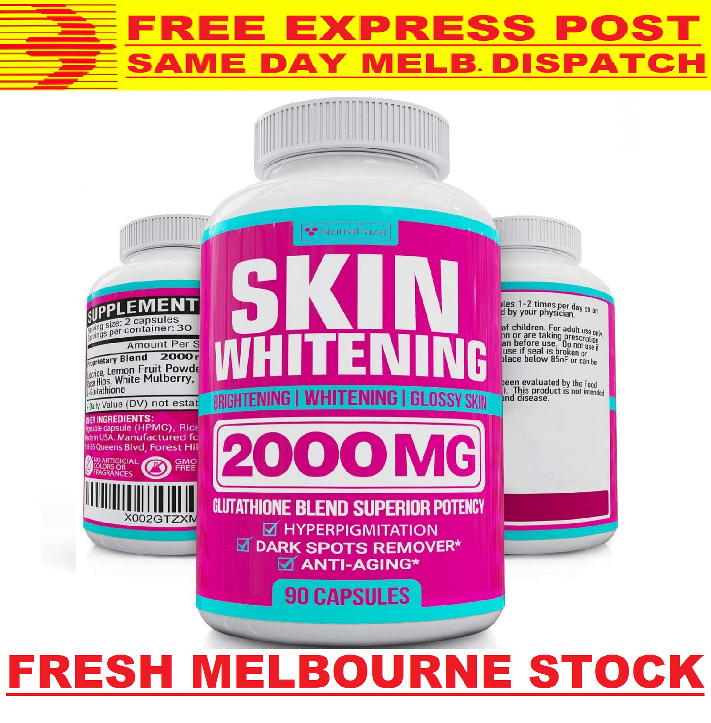 NUTRAFAZA SKIN WHITENING PILLS 2000mg Glutathione Brightening Lightening 90 Caps