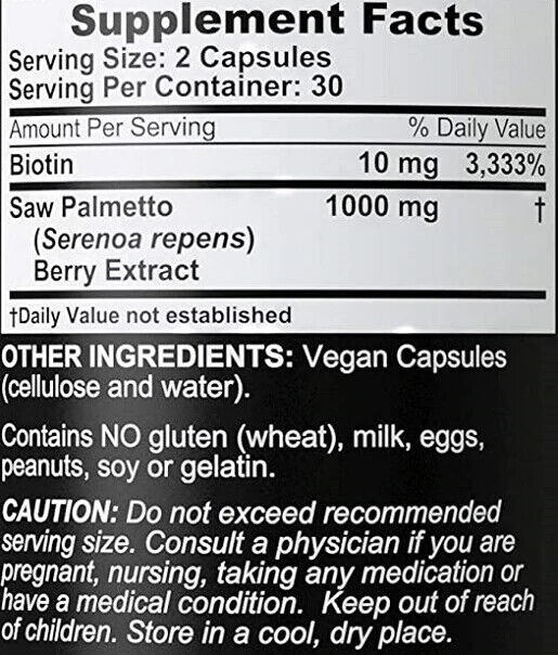 SAW PALMETTO 1000 mg + BIOTIN 10000 mcg HAIR GROWTH VITAMINS DHT BLOCKER 60 CAPS