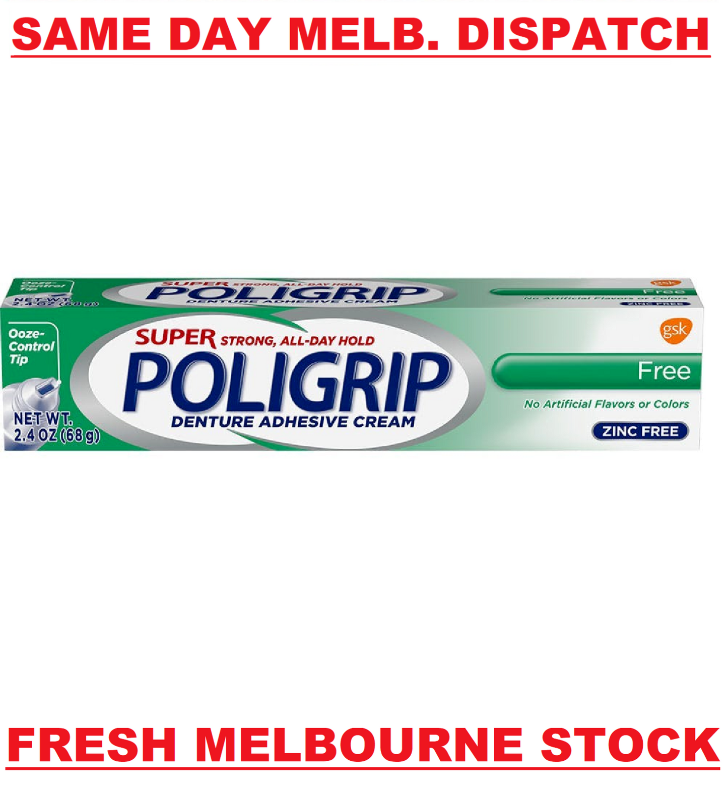 Super Poligrip Zinc Free Denture Adhesive Cream - All Day Strong Hold & Seal 68g