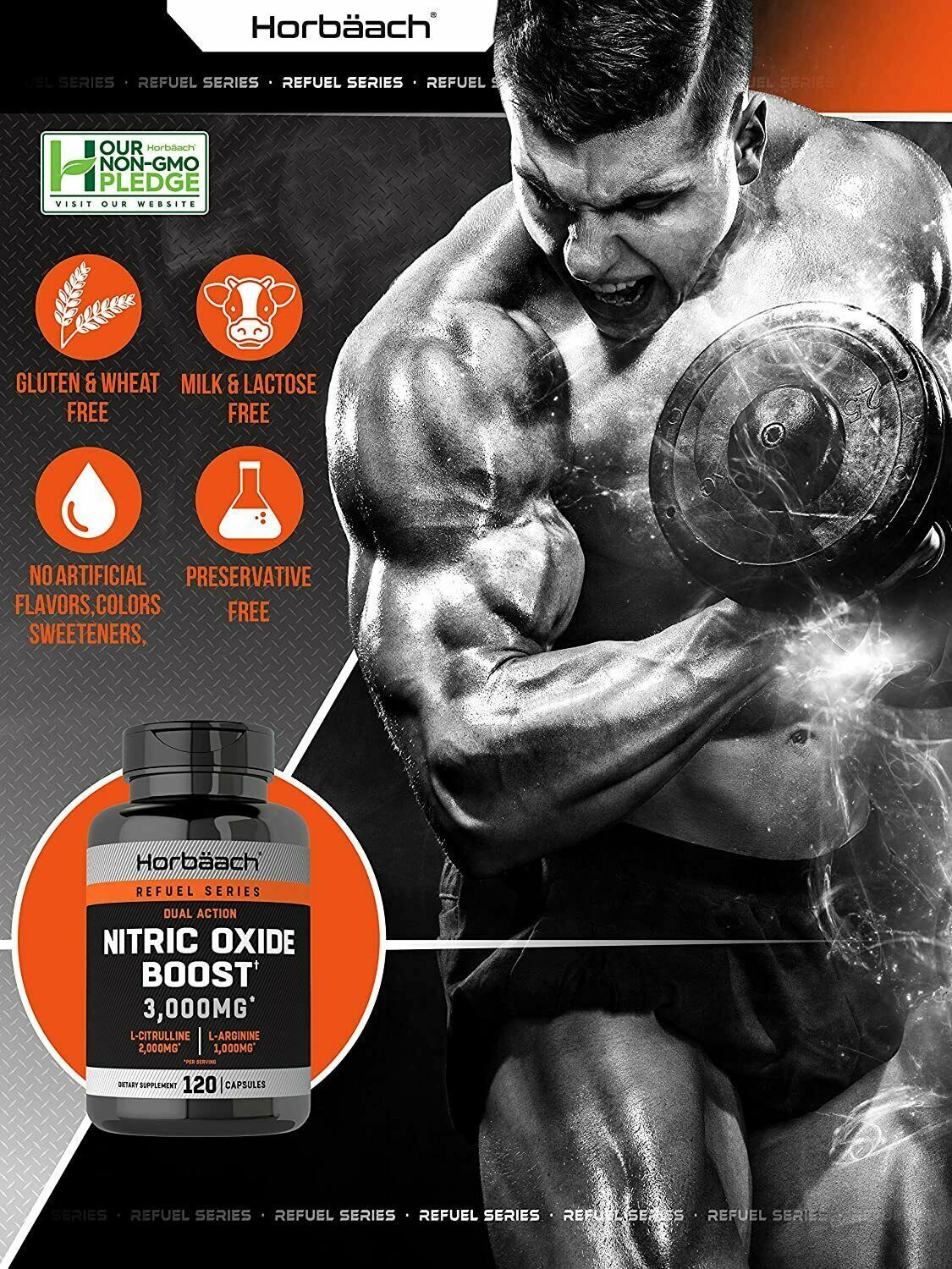 Nitric Oxide NO2 Booster 3000mg 120 Caps PRE-WORKOUT MUSCLE PUMP GROWTH Horbaach