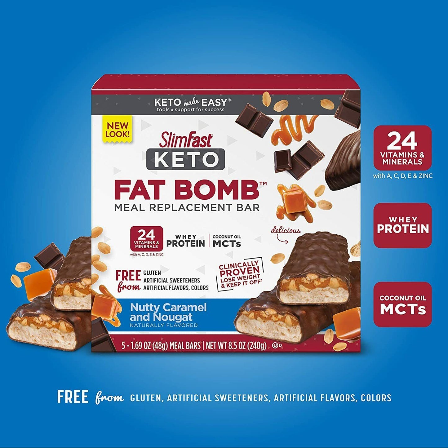 SlimFast Keto Fat Bomb Meal Replacement Bar - 5 x 48g Nutty Caramel & Nougat