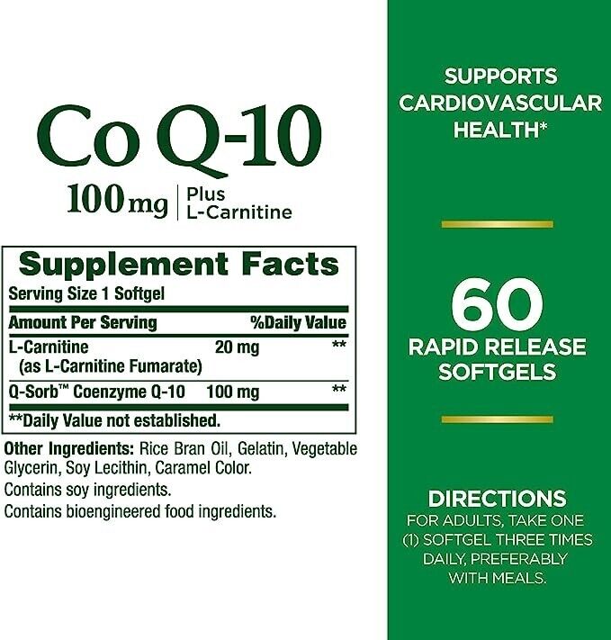 NATURE'S BOUNTY CoQ10 100mg + L-Carnitine 20mg Support Heart Health 60 Soft Gels
