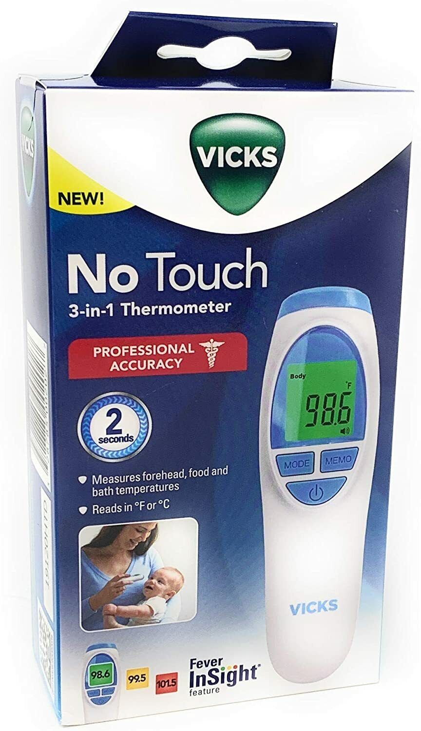 Vicks No-Touch 2 Second Readings Forehead Food & Bath 3 in 1 Thermometer Celsius