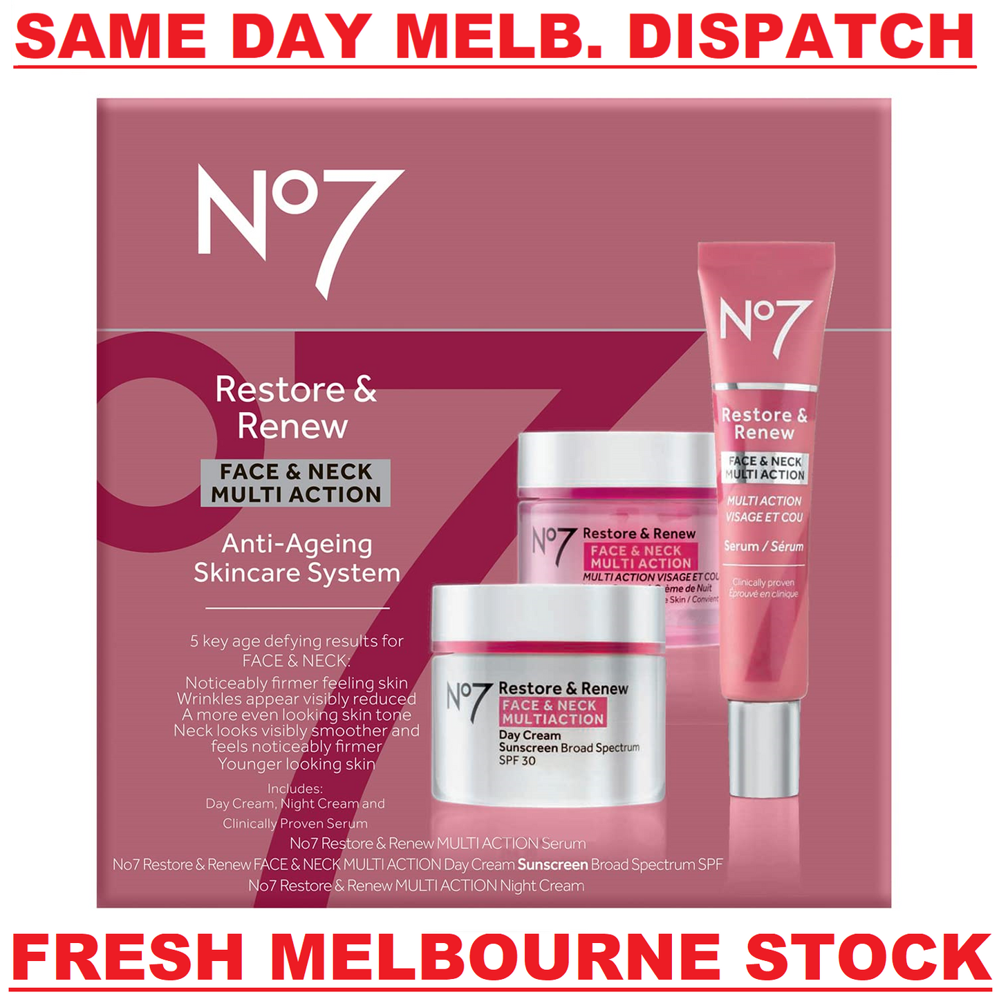 No7 Restore & Renew Face Neck Multi Action Skincare Kit SPF, Serum & Night Cream
