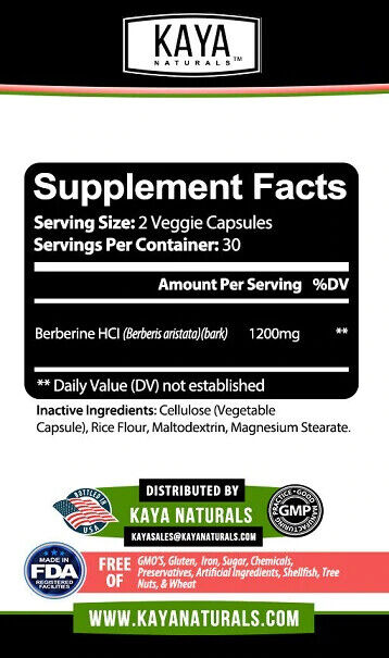 Kaya Naturals BERBERINE HCI 1200mg - DOUBLE STRENGTH PREMIUM GRADE 60 Capsules