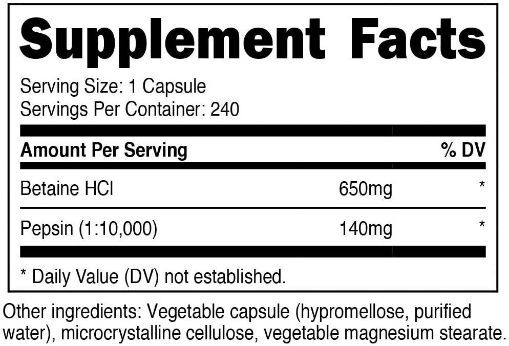 Nutricost Betaine HCL + Pepsin EXTRA STRENGTH 790mg 240 Caps - FREE EXPRESS POST