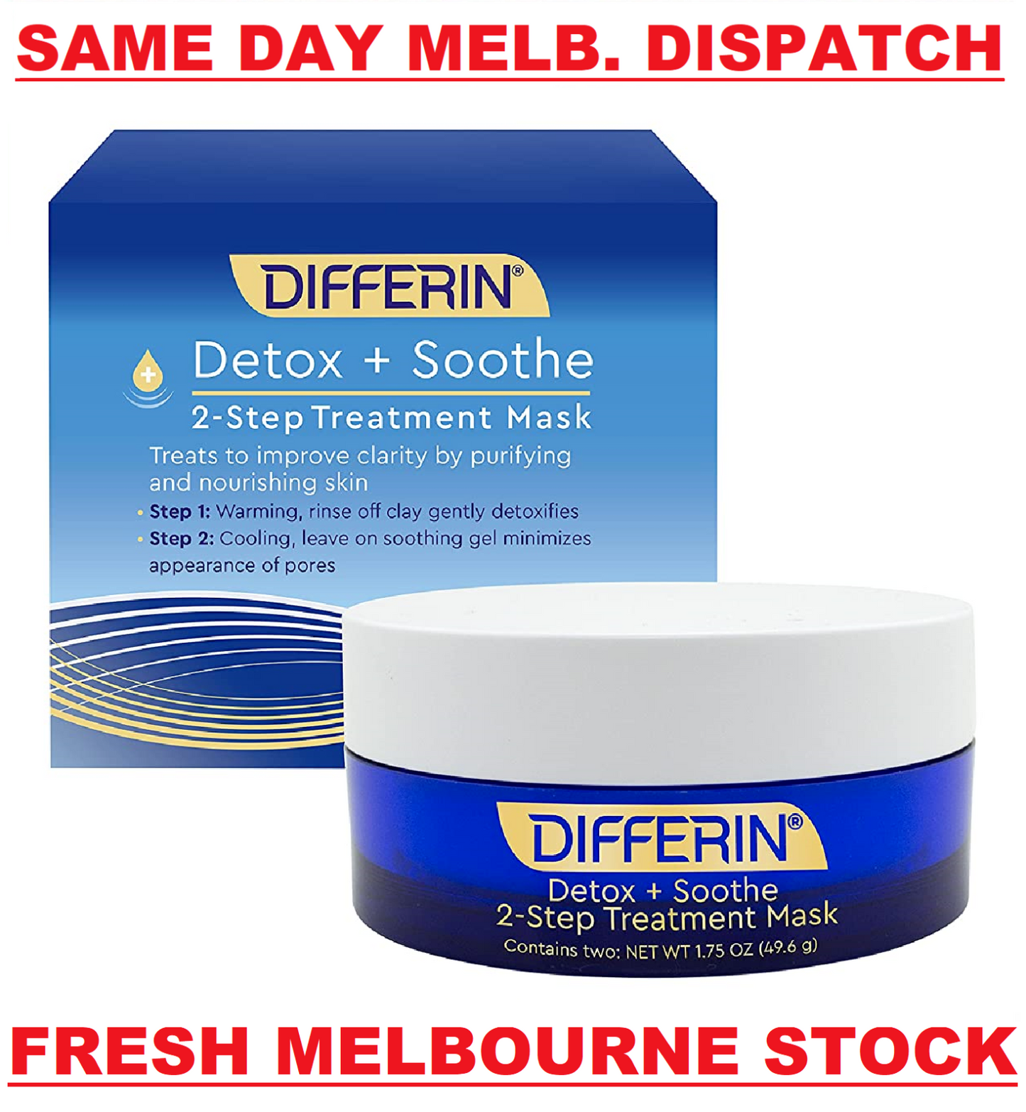 DIFFERIN Detox + Soothe - 2 Step Treatment Clay Mask for Acne Prone Skin 49.6g