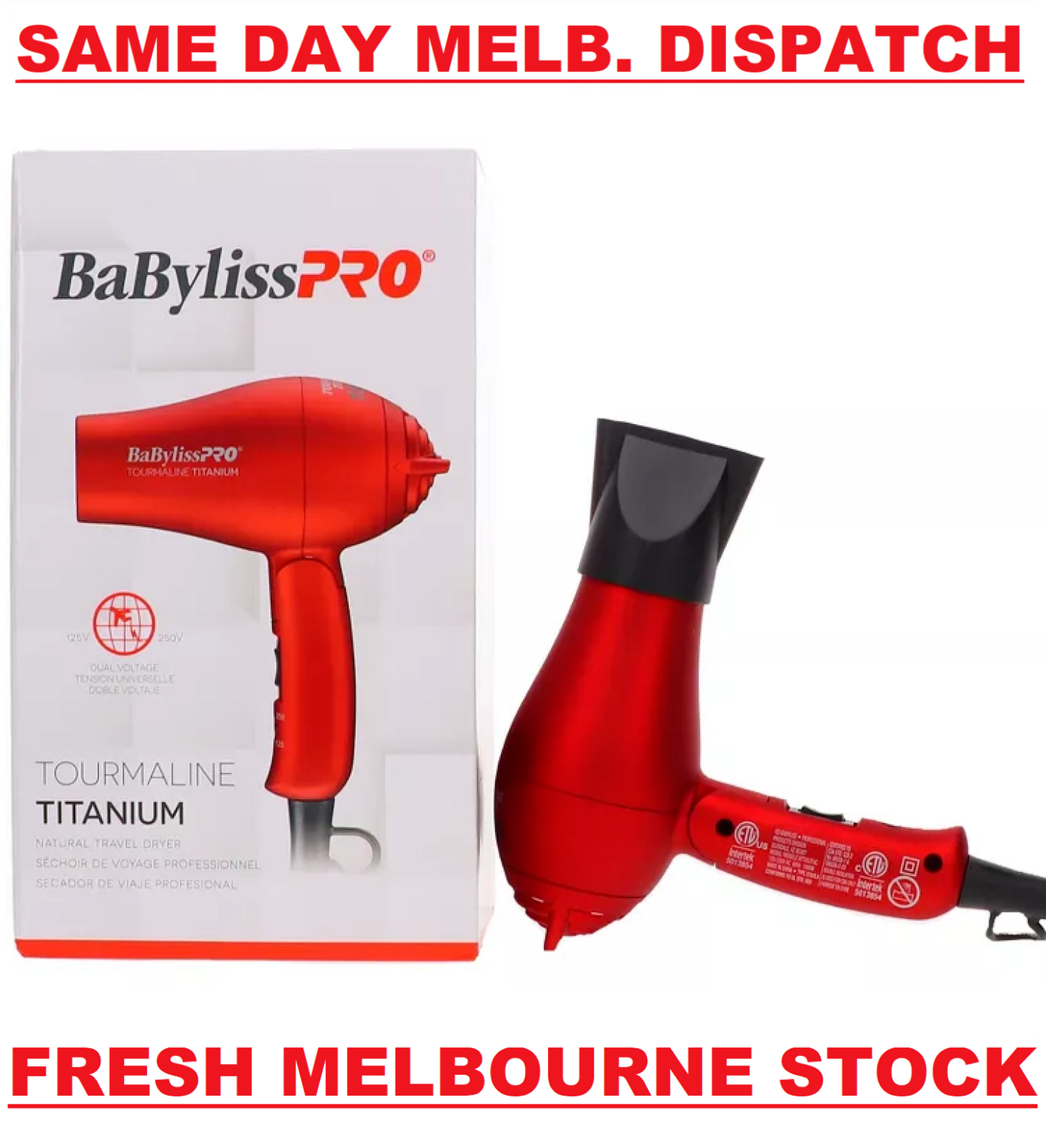 BaBylissPro TT Tourmaline Titanium Travel Hair Dryer 1000W Dual Voltage Foldable