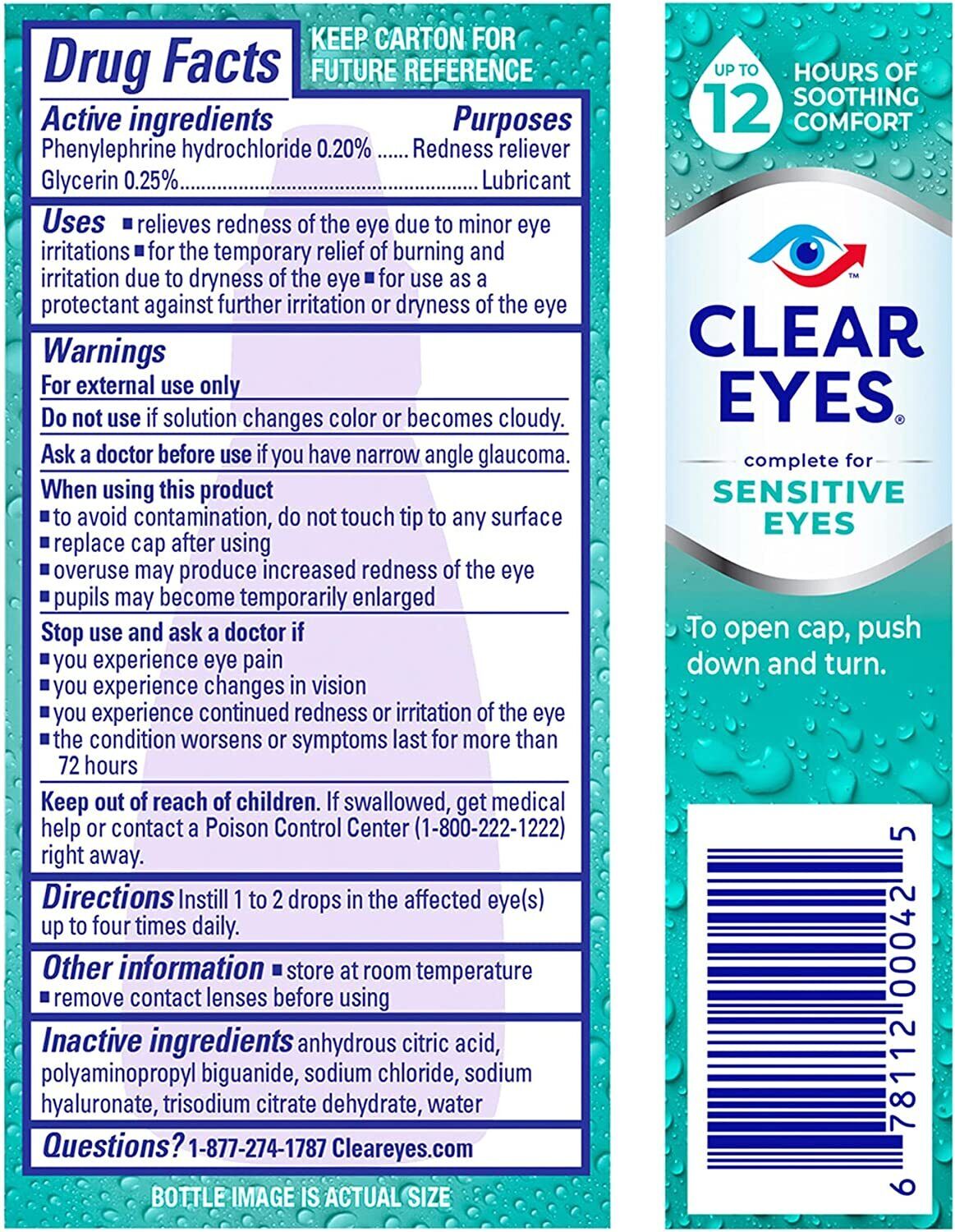 Clear Eyes Lubricant Sensitive Eye Drops - Gentle Relief Redness Dry Itchy 15mL