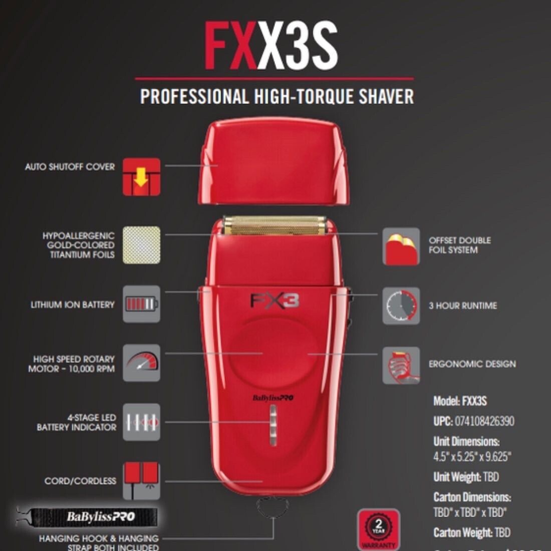 BabylissPRO FX3 Titanium Lithium Double Foil Hair Shaver Babyliss PRO FXX3S RED