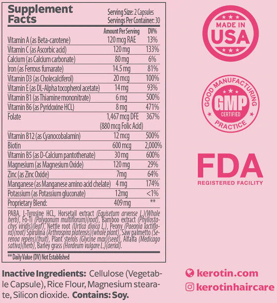 KEROTIN HAIR GROWTH VITAMINS Hair Loss DHT Blocker Supplement - FREE EXPRESS
