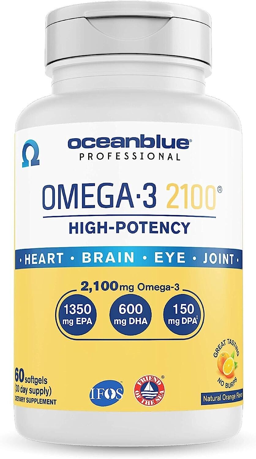 OCEANBLUE Omega-3 2100 mg HIGH POTENCY EPA/DHA/DPA Fish Oil 60 Soft Gels Orange