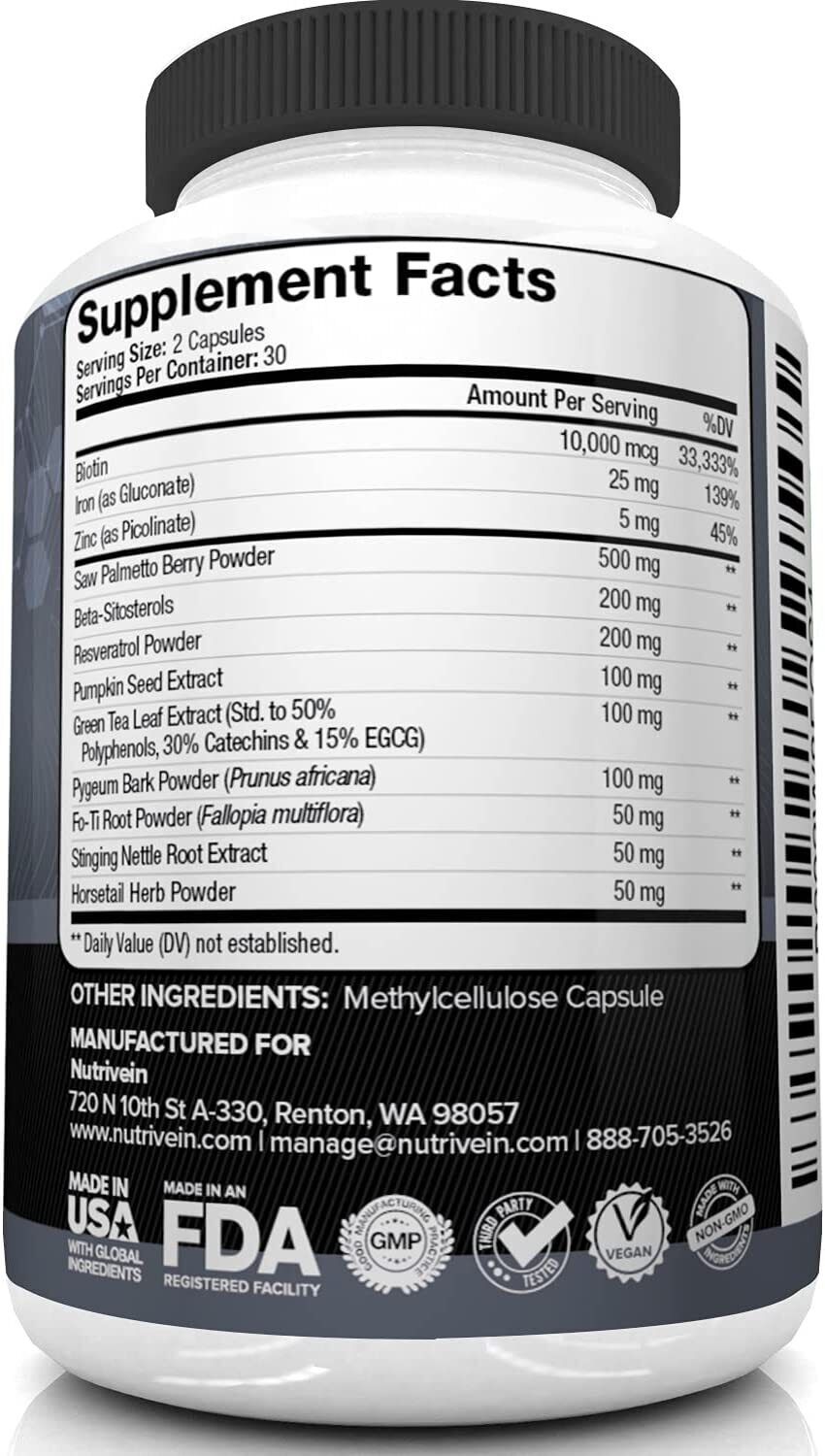 NutriVein DHT Blocker + Biotin Advanced Hair Formula Growth Vitamins Supplement