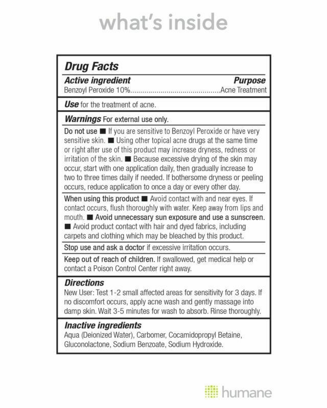 Humane Face & Body Acne Wash Benzoyl Peroxide 10% Skin Care Vegan - 237ml - NEW