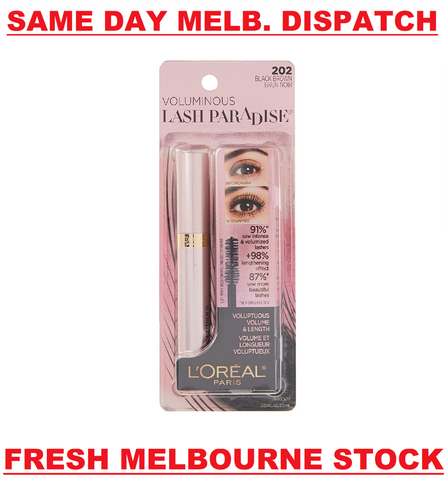L'Oreal Paris Makeup Voluminous Lash Paradise Mascara 8.5mL Black Brown #202 NEW
