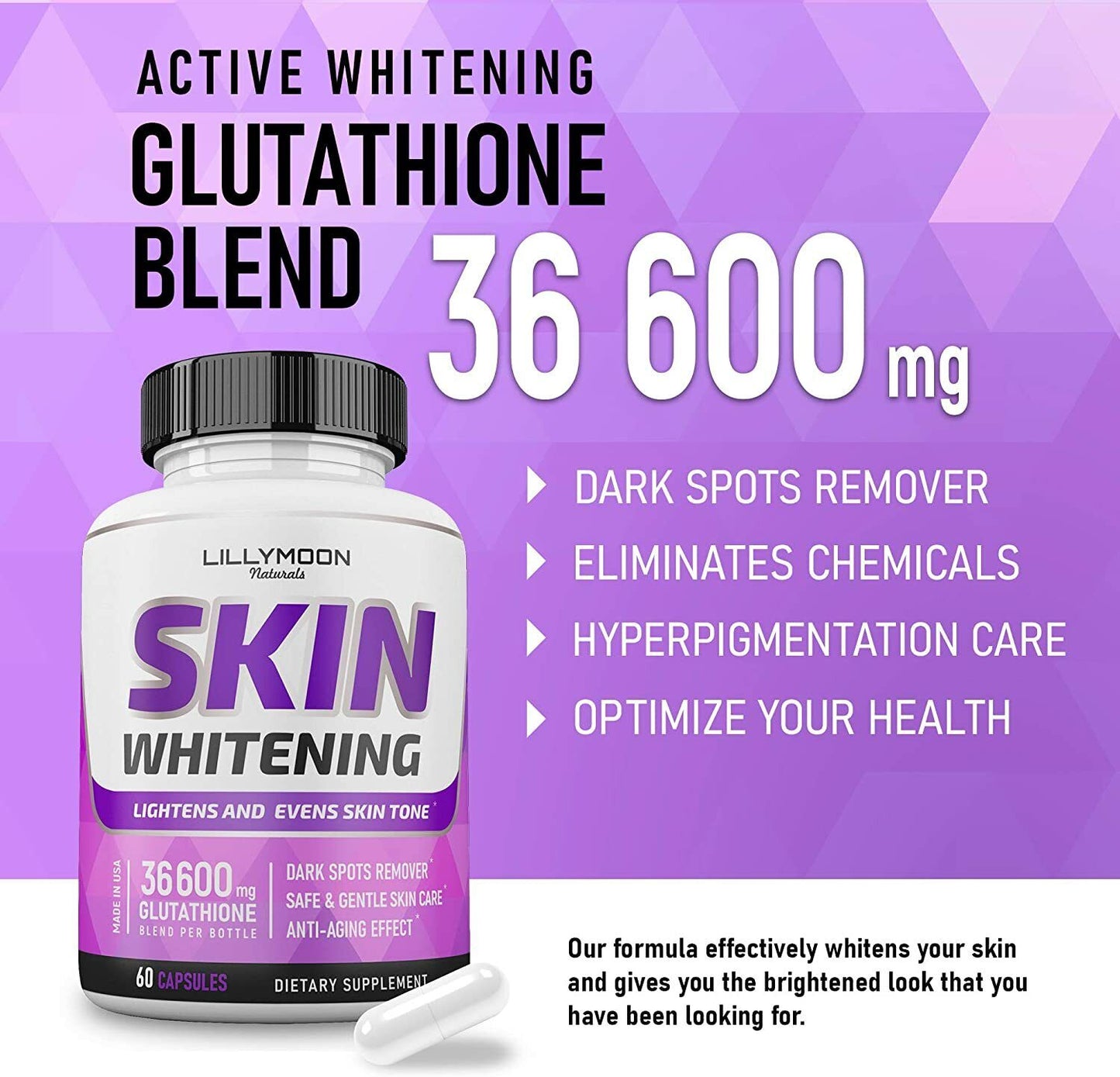 LILLYMOON SKIN WHITENING PILLS 4000mg Glutathione Brightening Lightening 60 Caps