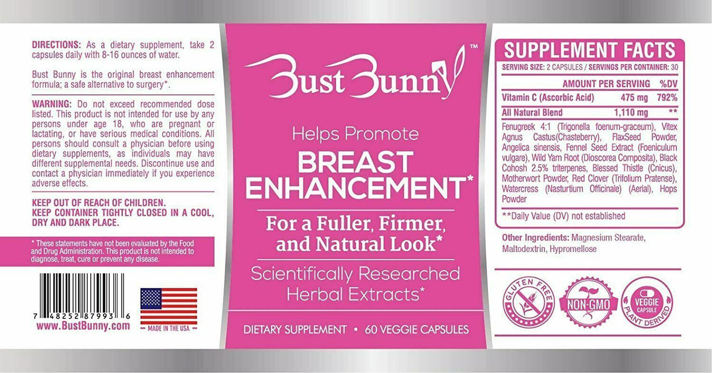 HERBAL BREAST ENLARGEMENT PILLS Natural Enhancement Growth Formula Supplement Bust Bunny BustBunny