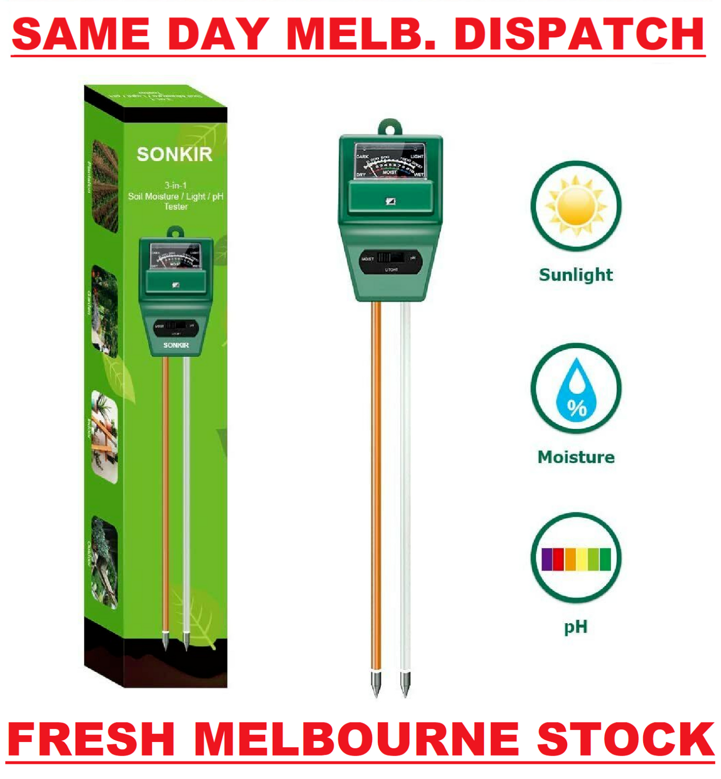 Sonkir Soil pH Meter MS02 3-in-1 Soil Moisture/Light/pH Tester - BRAND NEW
