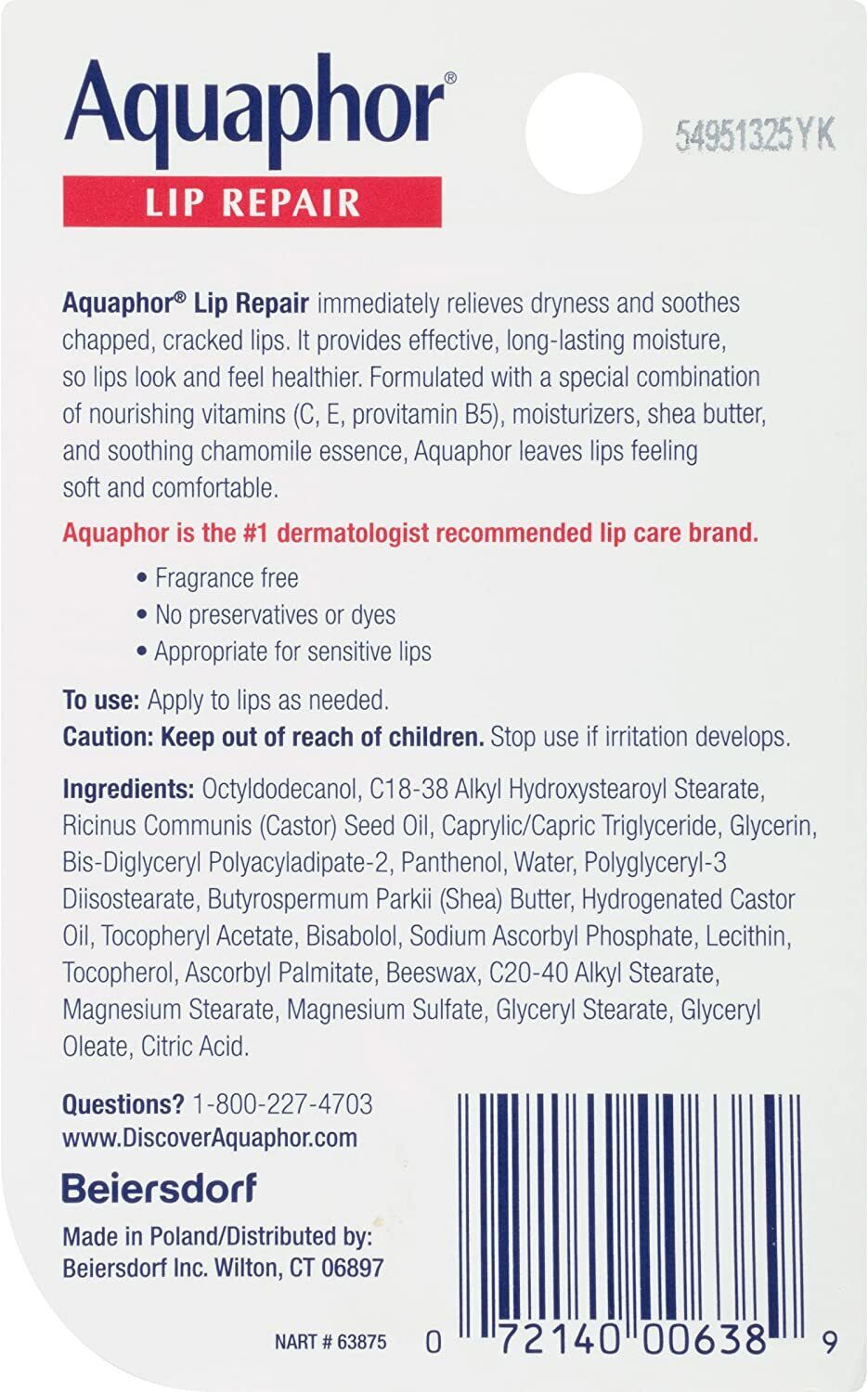 Aquaphor Lip Balm Repair Immediate Relief Severely Dry Chapped Cracked Lips 10ml