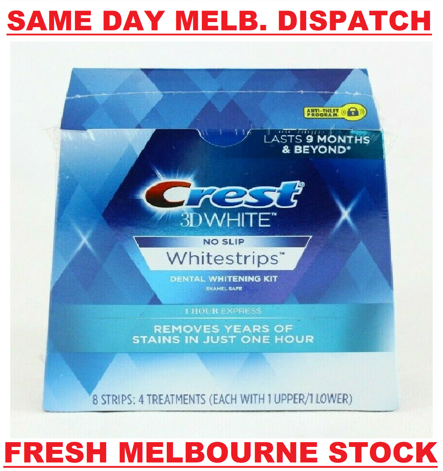 Crest 3D 8 x 1 Hour Express Teeth Whitening Strips White (4 Pouches) SEALED BOX