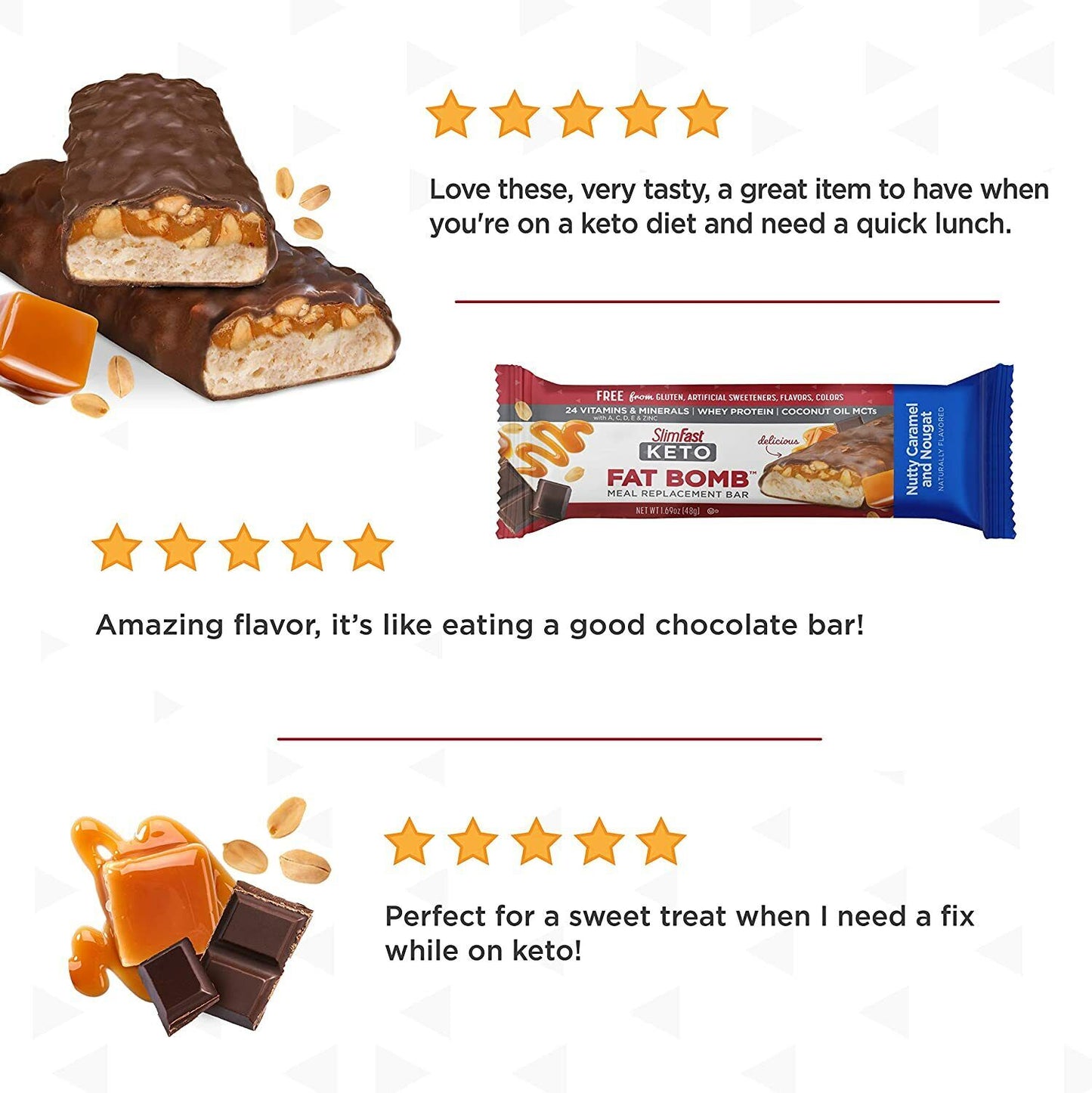 SlimFast Keto Fat Bomb Meal Replacement Bar - 5 x 48g Nutty Caramel & Nougat