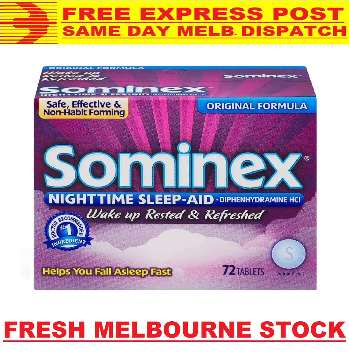 SOMINEX SLEEP AID Night Time Original Formula MEGA VALUE PACK 72 TABS EXPRESS AU