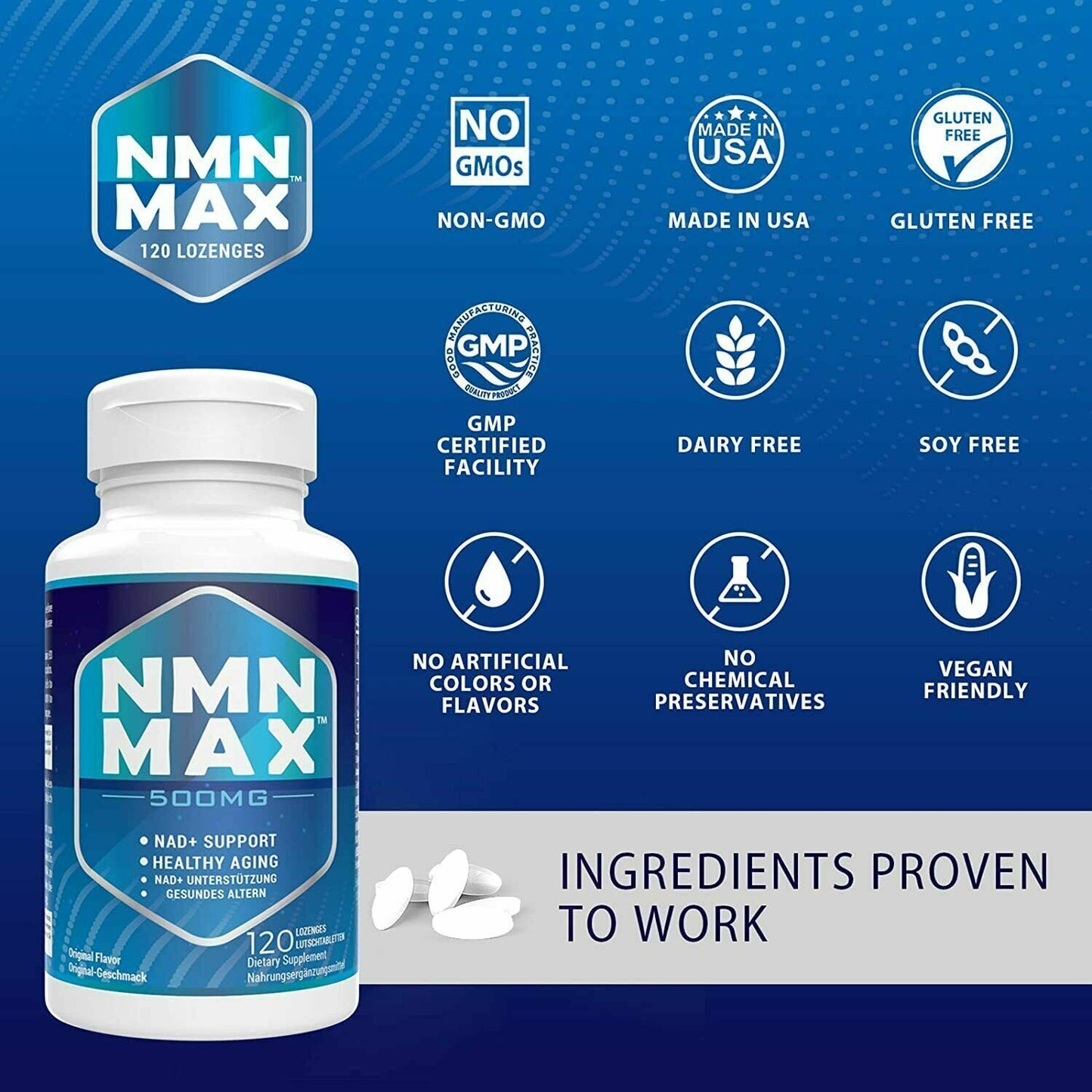 NMN Max 500mg x 120 Tabs Sublingual NMN Lozenges DOUBLE STRENGTH FAST-ACTING