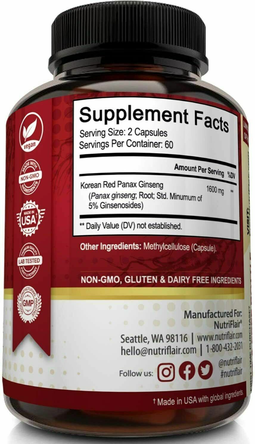 NUTRIFLAIR KOREAN RED PANAX GINSENG EXTRACT 1600mg Memory Anti Aging 120 Caps