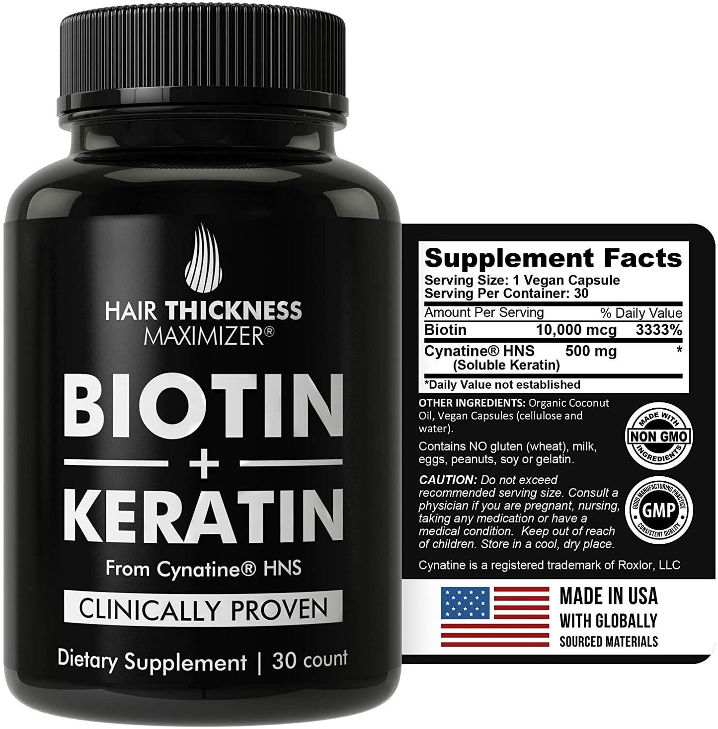 BIOTIN 10000 mcg + KERATIN 500mg HAIR GROWTH VITAMINS REDUCE HAIR LOSS - 30 CAPS